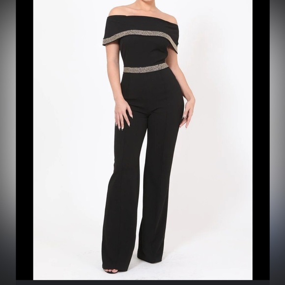 Mionotte Black Wide Leg Jumpsuit With Embellished Off The Shoulder Ruffl… - Picture 10 of 10
